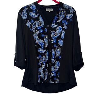 Vintage Once & Again NYC Boho Black Blue Paisley Print V Neck 3/4 Sleeve Women M